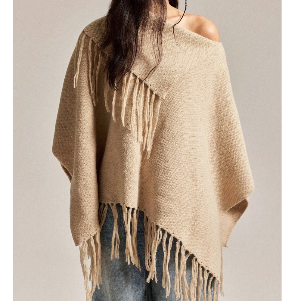 Classic Tan Fringe Detail Oversized Poncho Sweater Top - Picture 7 of 8